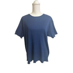 Vintage AK America 14/16 Navy Crewneck Short Sleeve Knit Top Lettuce Trim Ribbed